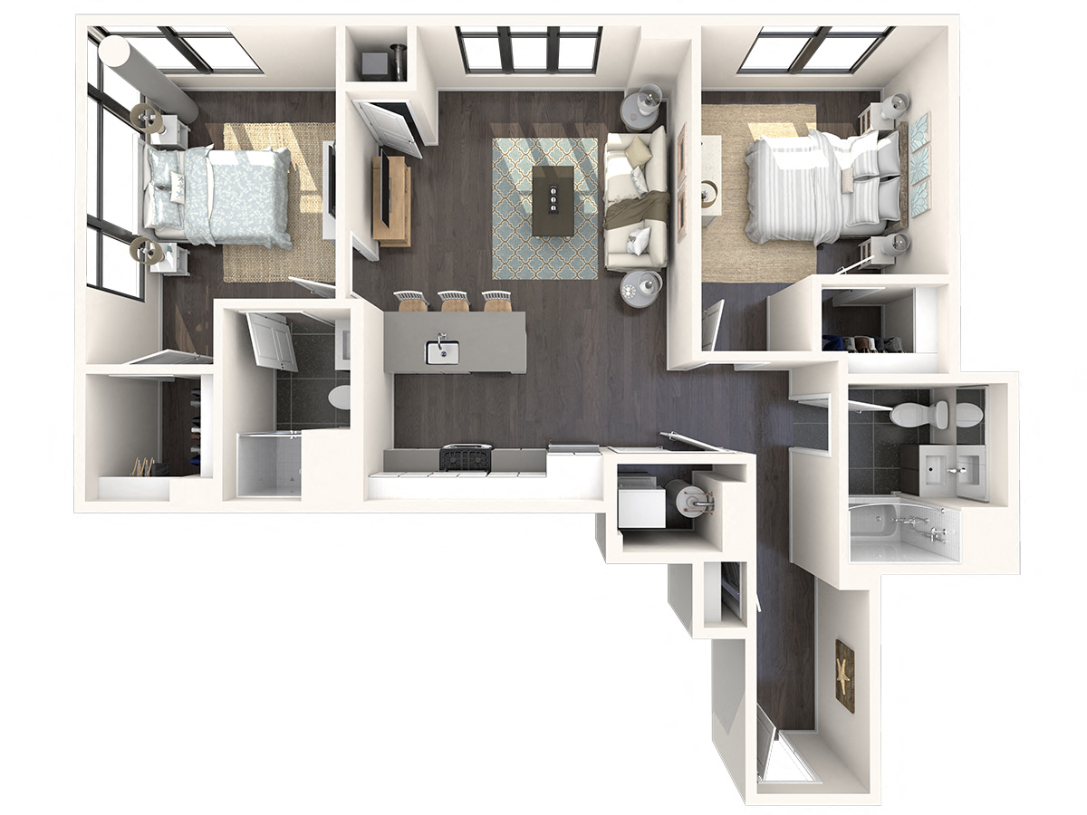 Floor plan for 2 beds, 2 baths, 1030 sqft